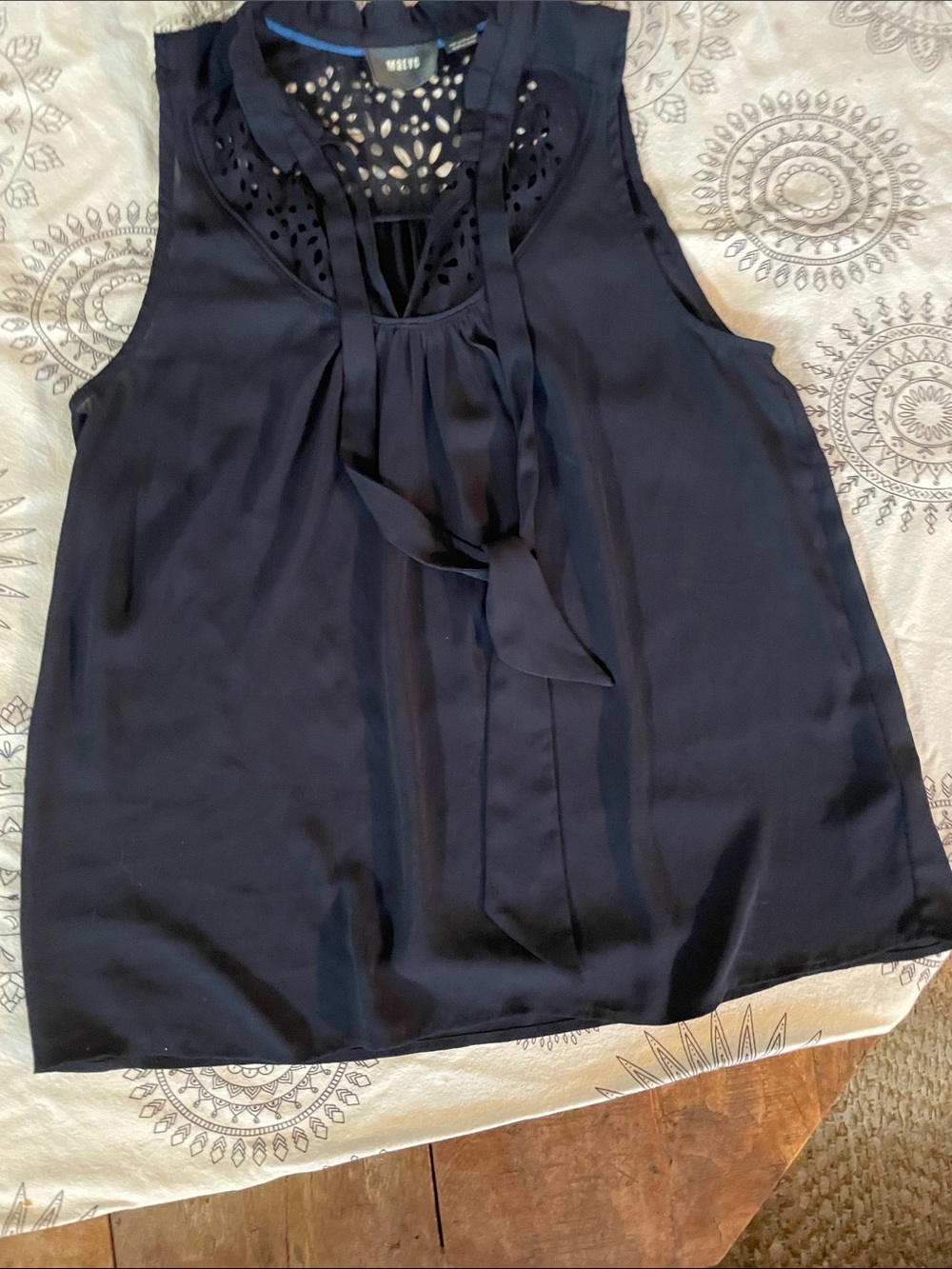 Maeve Navy Sleeveless Tie-Neck Blouse with Laser-Cut Yoke